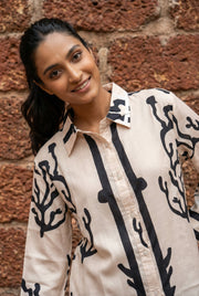 Beige Shirt Collar Printed Co-Ord Set For Women