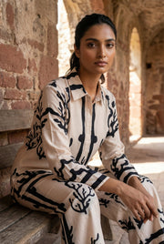 Beige Shirt Collar Printed Co-Ord Set For Women