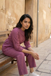 Purple Self Design Round Neck Pure Cotton Top & Trousers Co-Ord Set
