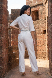 White Floral Embroidered Pure Cotton Shirt With Trousers Co-Ord Set For Women