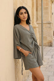 Grey V-Neck Solid Print Cotton Co-Ord Set For Women