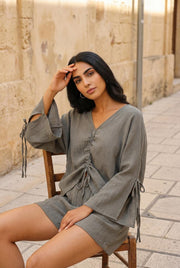 Grey V-Neck Solid Print Cotton Co-Ord Set For Women