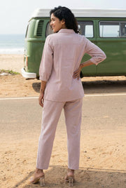 Light Pink Solid Print Shirt Collar Co-Ords For Women
