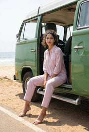 Light Pink Solid Print Shirt Collar Co-Ords For Women