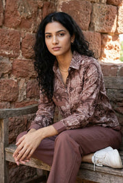Mauve Floral Print Shirt Collar Co-Ords Set For Women
