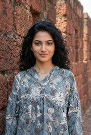 Grey Animal Print Shirt Collar Cotton Co-Ords Set For Women