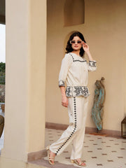 Off White Pure Cotton Embroidered Boat Neck Co-ords Set for Women - SanskrutiHomes 