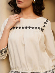 Off White Pure Cotton Embroidered Boat Neck Co-ords Set for Women - SanskrutiHomes 