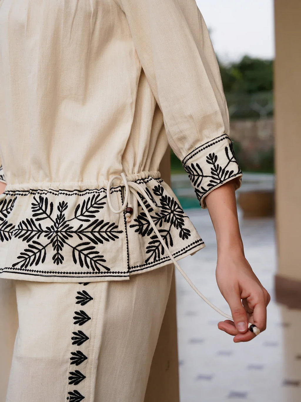 Off White Pure Cotton Embroidered Boat Neck Co-ords Set for Women - SanskrutiHomes 