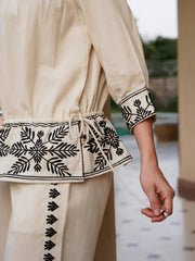 Off White Pure Cotton Embroidered Boat Neck Co-ords Set for Women - SanskrutiHomes 
