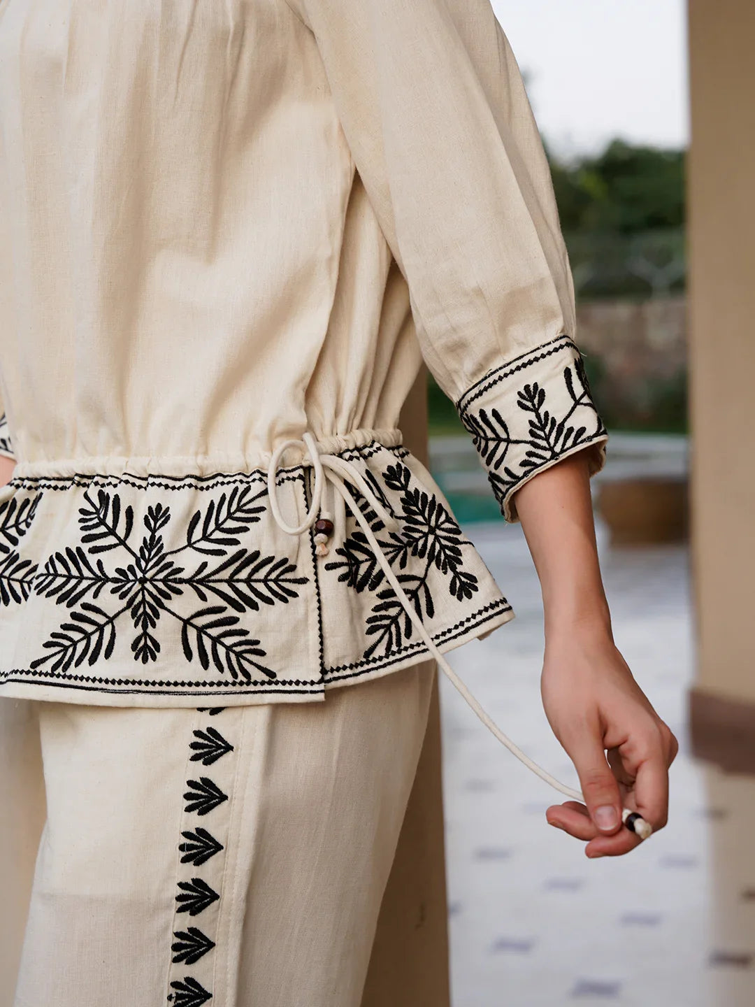 Off White Pure Cotton Embroidered Boat Neck Co-ords Set for Women - SanskrutiHomes 