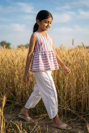White V-Neck Geometric Print  Co-Ords Set For Kids