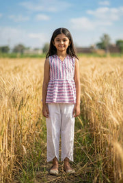 White V-Neck Geometric Print  Co-Ords Set For Kids