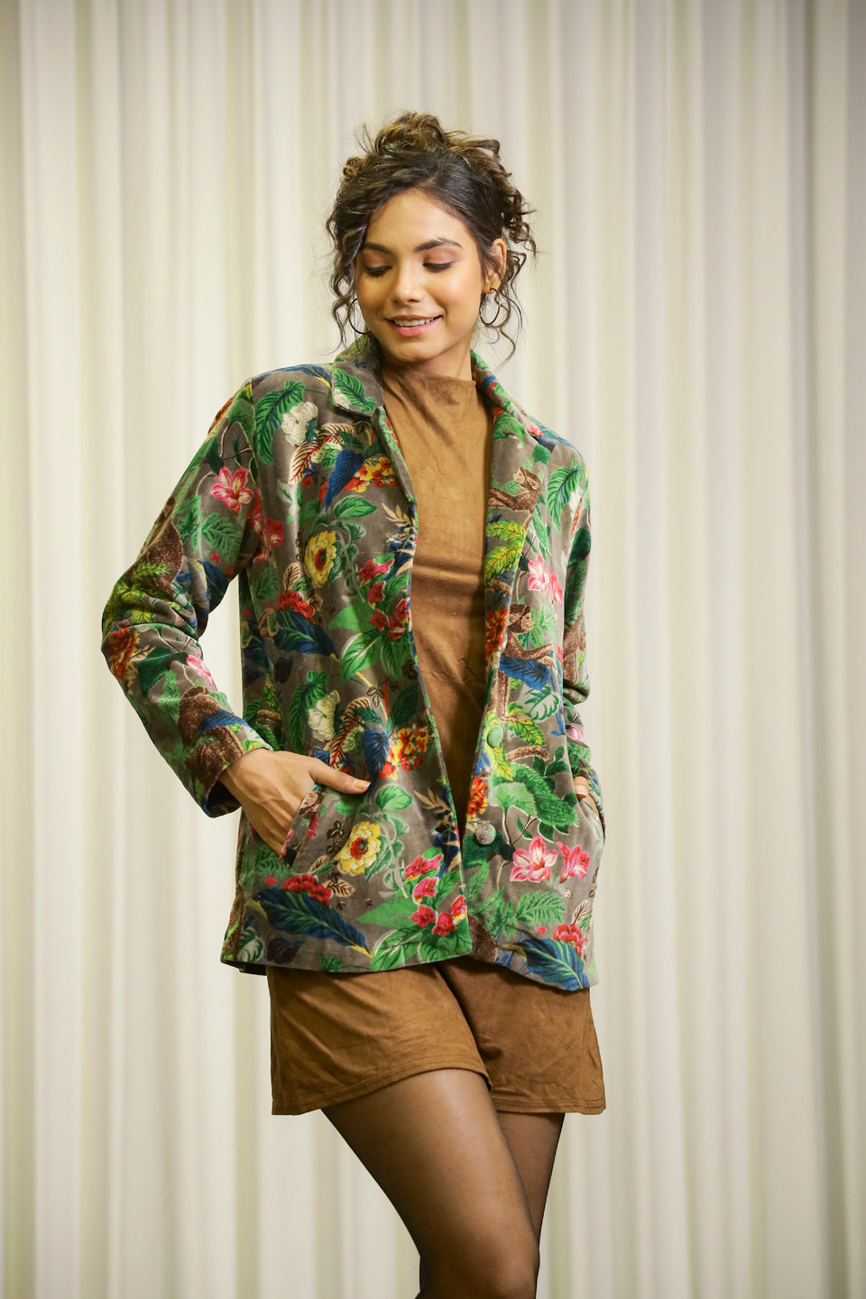Grey Floral Print Lapel Collar Jacket For Women