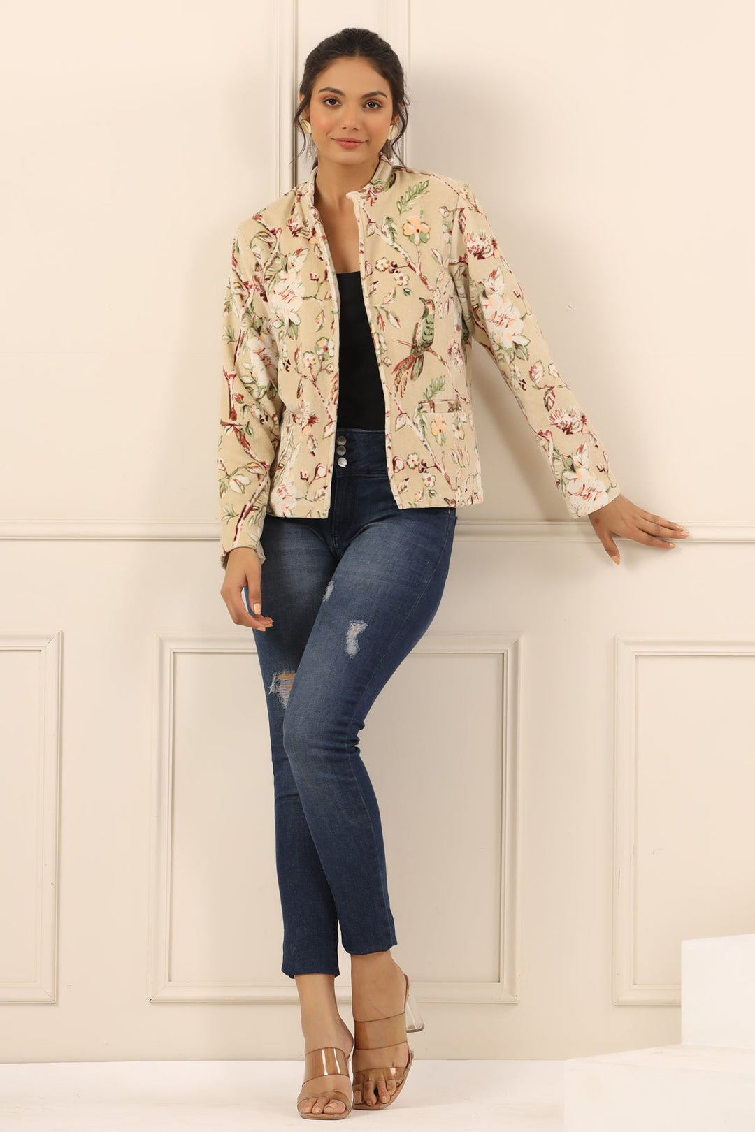 Beige & Off White Floral Printed Mandarin Collar Velvet Open Front Jacket For Women