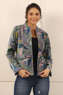 Grey & Green Floral Printed Mandarin Collar Velvet Open Front Jacket For Women