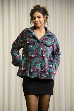 Burgundy Floral Print Lapel Collar Velvet Jacket For Women