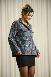 Burgundy Floral Print Lapel Collar Velvet Jacket For Women