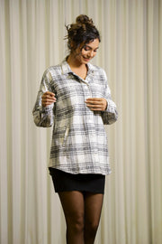 White Shirt Collar Checks Cotton Jacket For Women