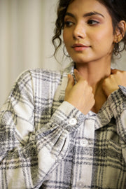 White Shirt Collar Checks Cotton Jacket For Women