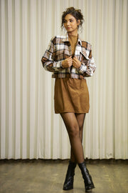 Brown & White Shirt Collar Checks Cotton Jacket For Women