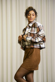 Brown & White Shirt Collar Checks Cotton Jacket For Women