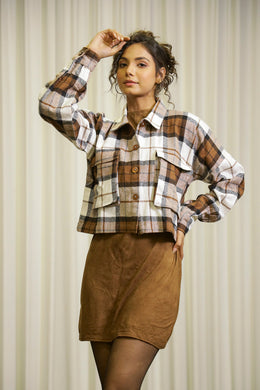 Brown & White Shirt Collar Checks Cotton Jacket For Women