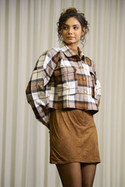 Brown & White Shirt Collar Checks Cotton Jacket For Women