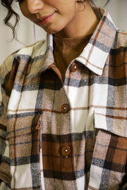 Brown & White Shirt Collar Checks Cotton Jacket For Women