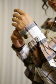 Brown & White Shirt Collar Checks Cotton Jacket For Women