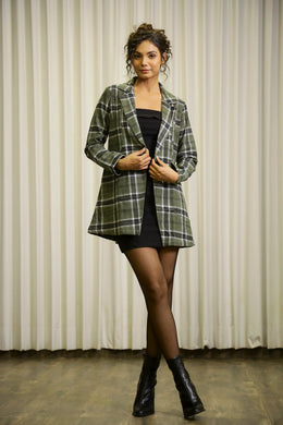 Green Notched Lapel Collar Checks Cotton Jacket For Women