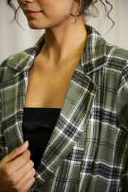 Green Notched Lapel Collar Checks Cotton Jacket For Women