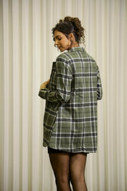 Green Notched Lapel Collar Checks Cotton Jacket For Women