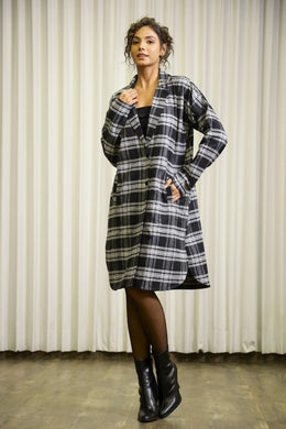 Black Lapel Collar Checks Cotton Jacket For Women