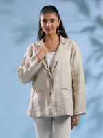 Beige Solid Cuban Collar Handloom Jacket foe Women - SanskrutiHomes 