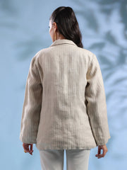 Beige Solid Cuban Collar Handloom Jacket foe Women - SanskrutiHomes 