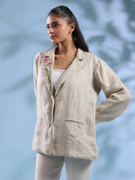 Beige Solid Cuban Collar Handloom Jacket foe Women - SanskrutiHomes 