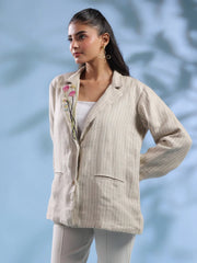 Beige Solid Cuban Collar Handloom Jacket foe Women - SanskrutiHomes 