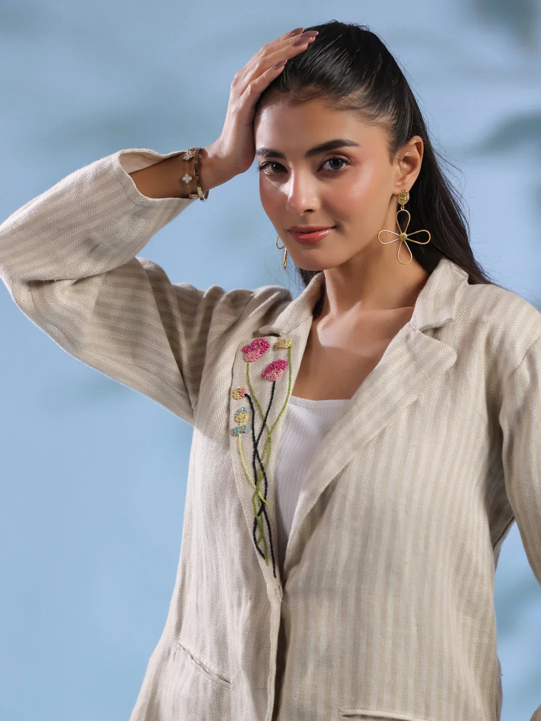 Beige Solid Cuban Collar Handloom Jacket foe Women - SanskrutiHomes 