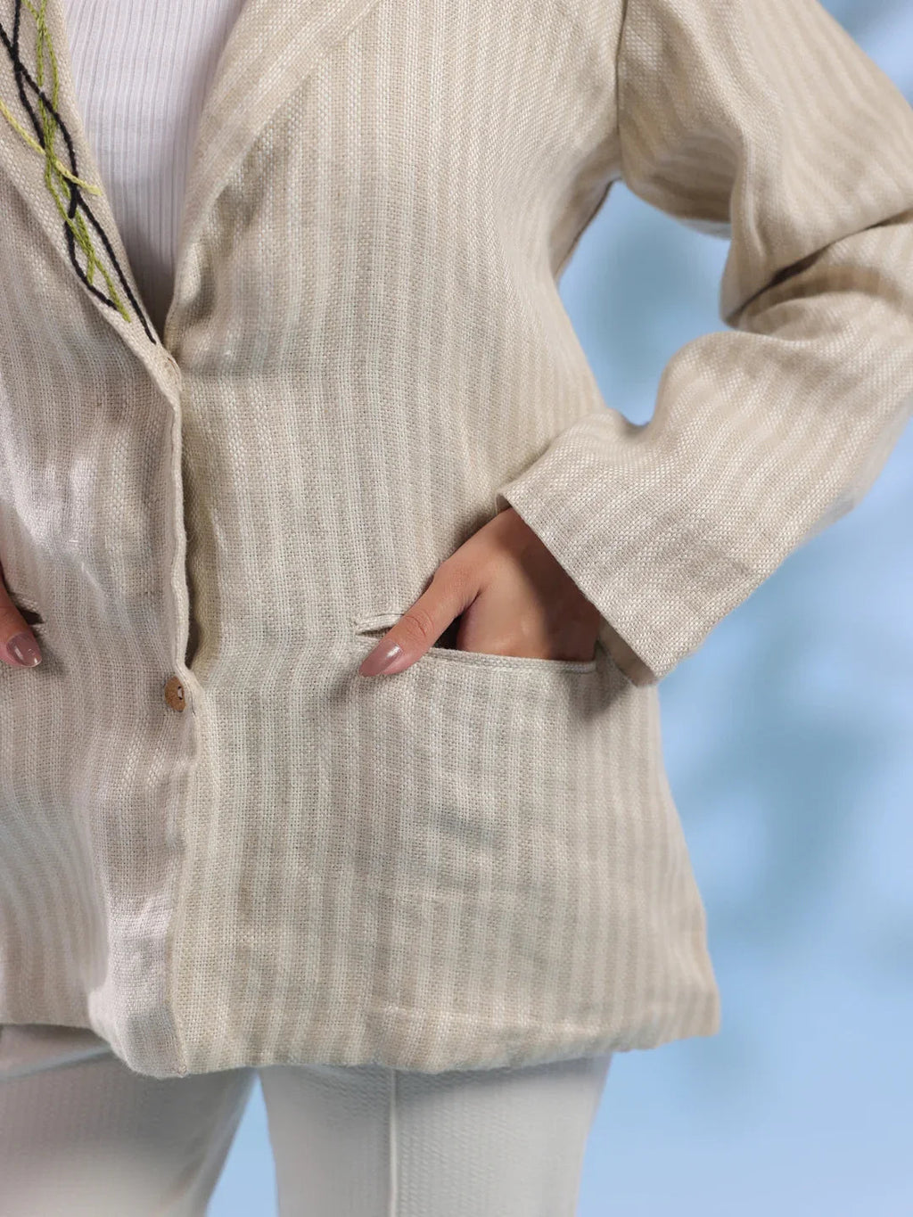 Beige Solid Cuban Collar Handloom Jacket foe Women - SanskrutiHomes 
