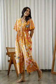 Orange Printed V-Neck Cotton Jump Suit For Women