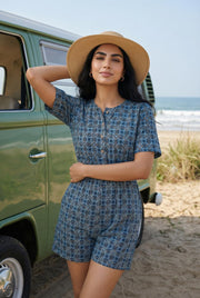 Blue Round Neck Ethnic Motifs Print Cotton Jumpsuit For Women