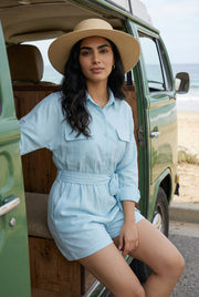 Ice Blue Shirt Collar Pure Cotton Jumpsuit For Women