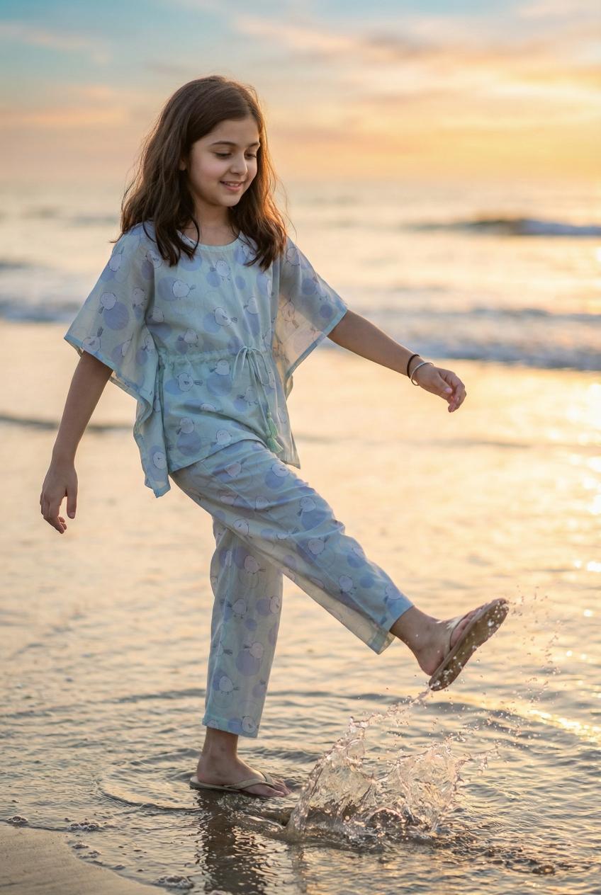 White Round Neck Conversational Printed Pure Cotton Night Suit For Kids