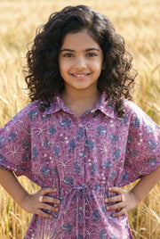 Lavender Shirt Collar Floral Printed Cotton Night Suit For Kids