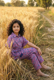 Lavender Shirt Collar Floral Printed Cotton Night Suit For Kids