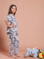 Grey Floral Printed Kaftan Night Suit For Kids