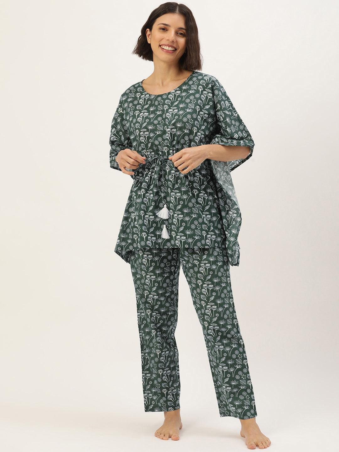 Green & White Printed Cotton Kaftan Set