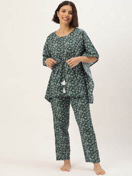 Green & White Printed Cotton Kaftan Set