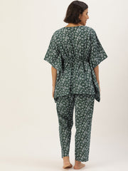 Green & White Printed Cotton Kaftan Set
